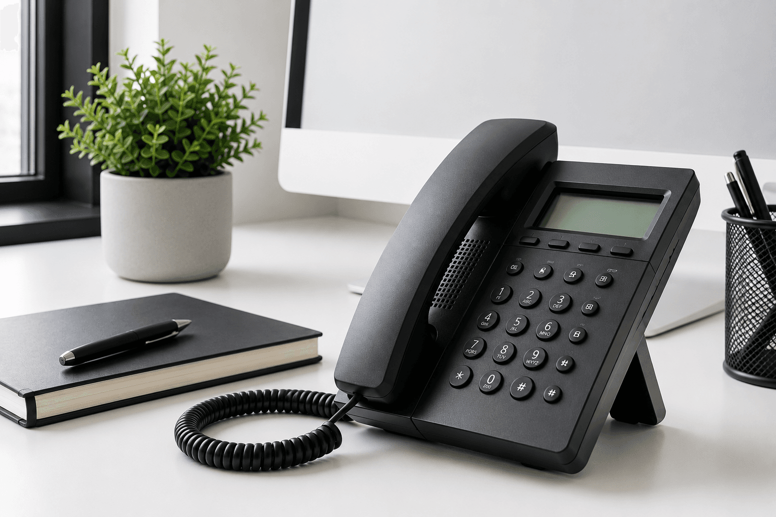 A desk phone on a tidy office desk