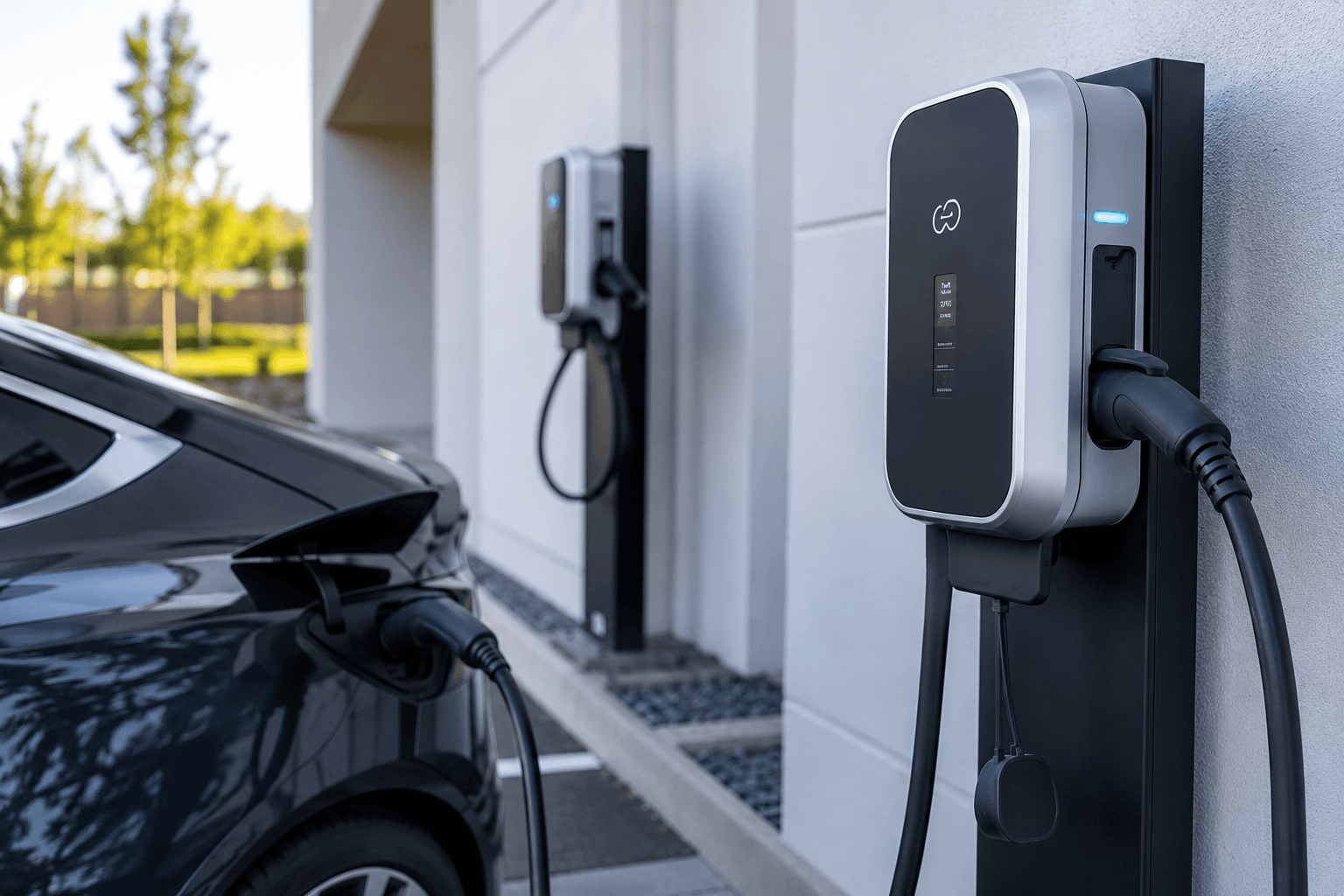 An electric car charging from a wall-mounted home charger