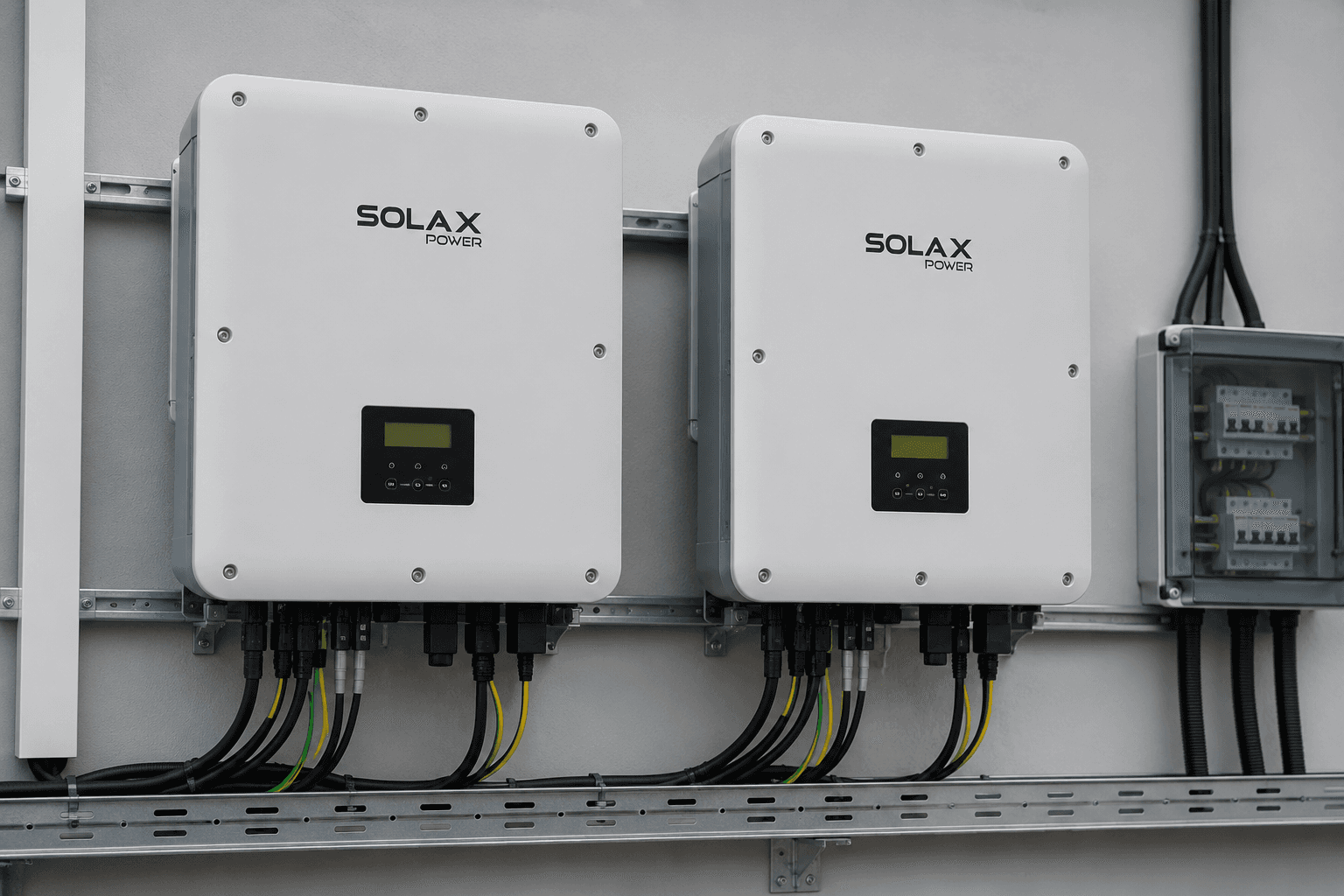 Wall-mounted solar inverters wired into a distribution board