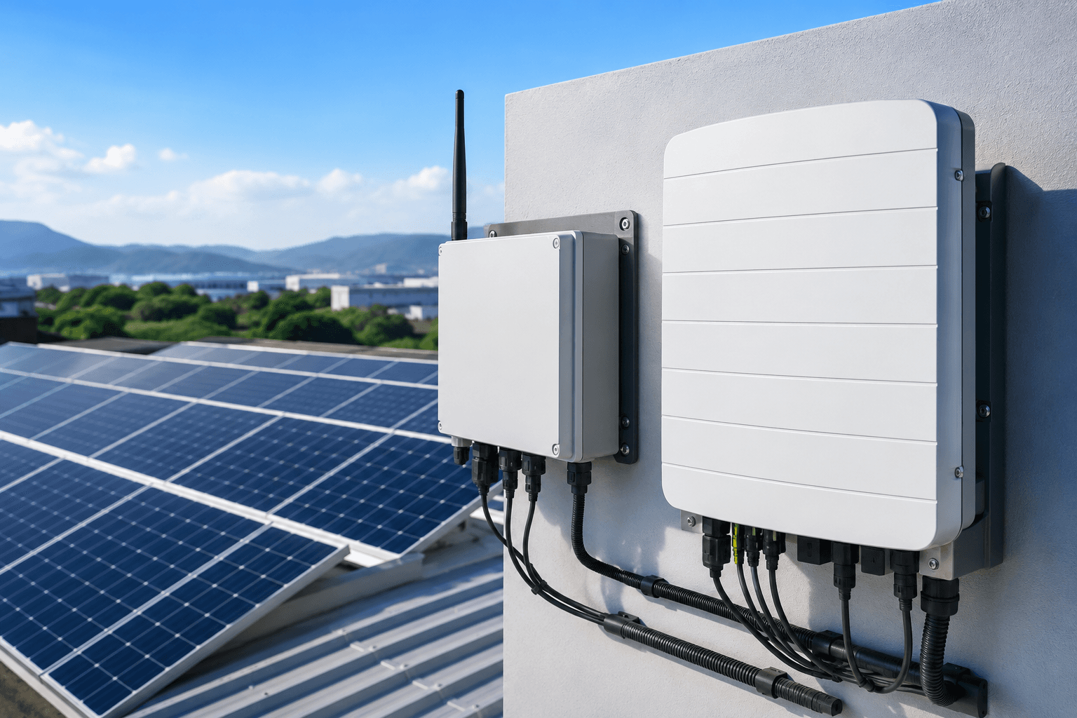 A solar monitoring unit beside a rooftop panel array