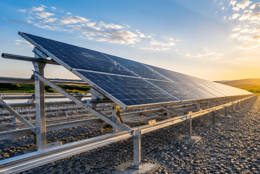 Monocrystalline solar panels on a roof at sunrise