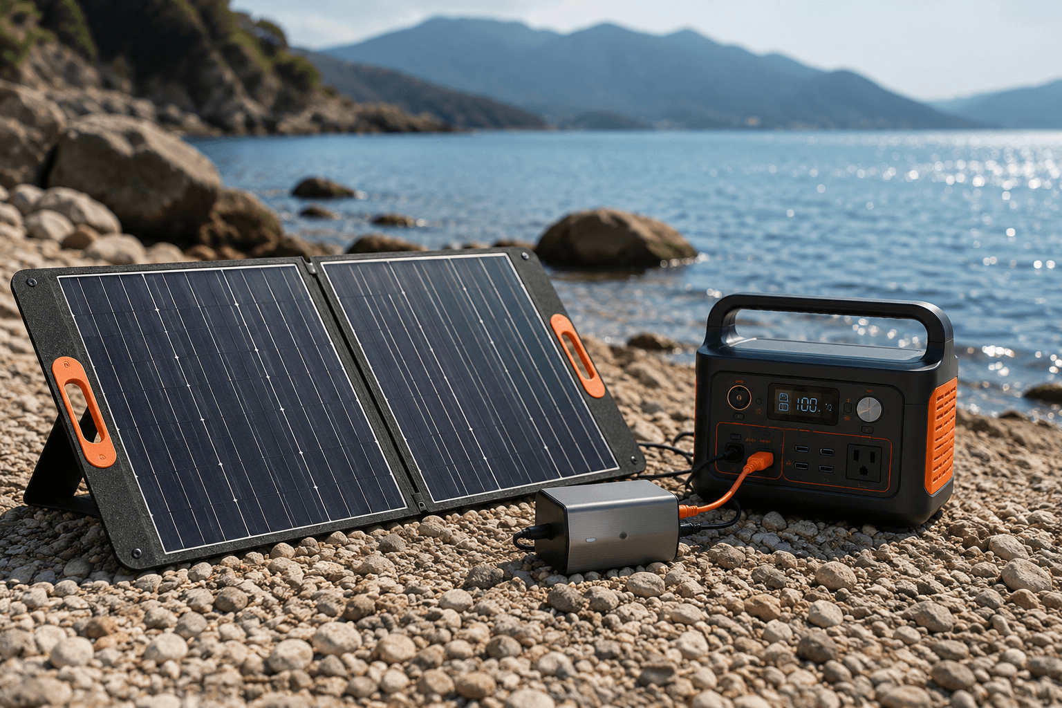 A portable solar generator charging from a folding panel array