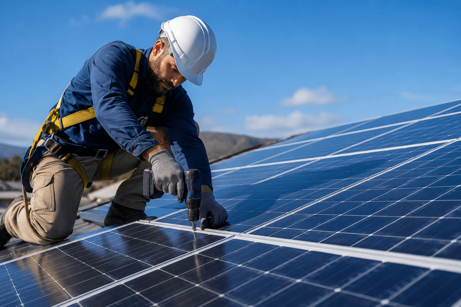 An engineer fitting mounting rails to a solar panel