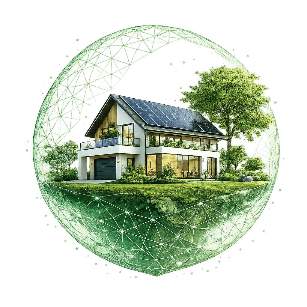 Illustration of a modern home with rooftop solar panels inside a network globe