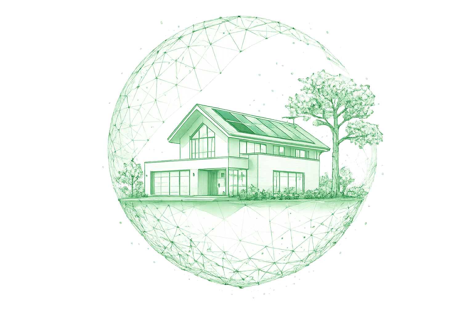 Wireframe illustration of a smart solar system inside a network globe