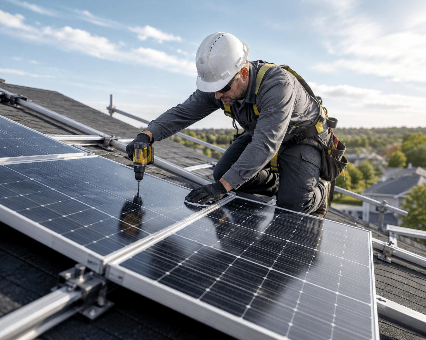 Certified technicians installing solar panels on a roof