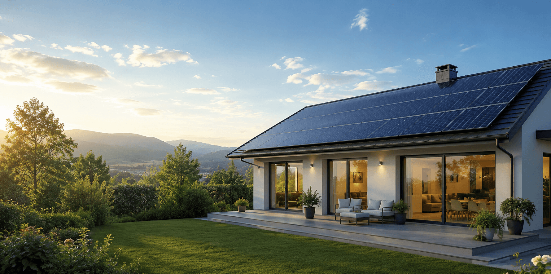 A modern property with rooftop solar panels overlooking green hills