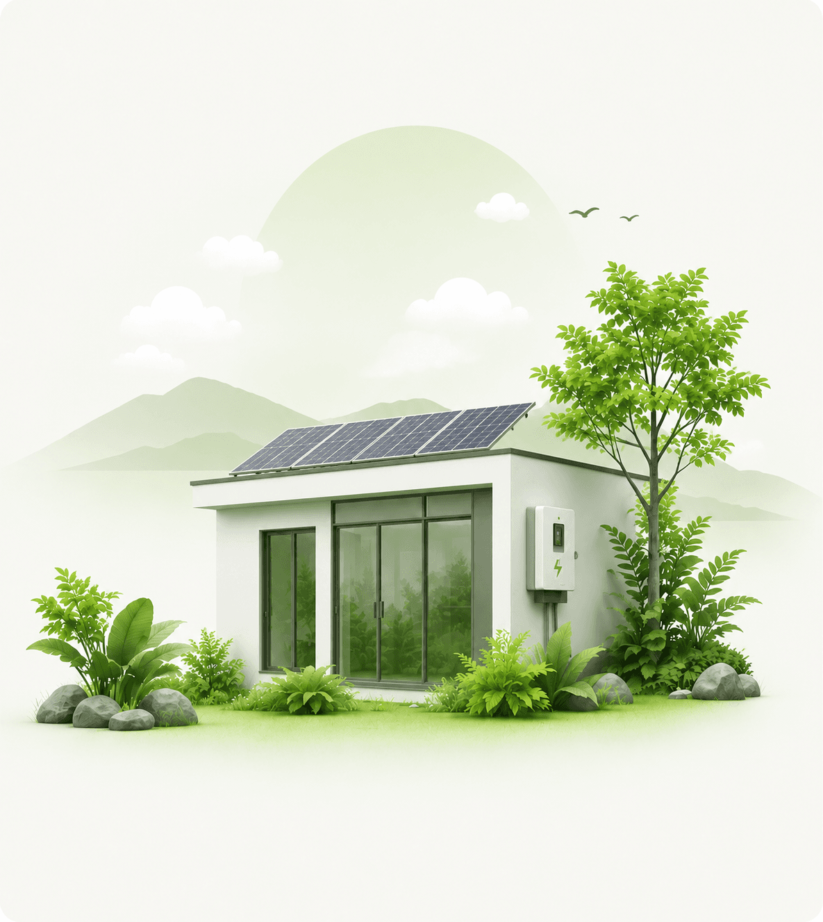 A modern solar-powered home surrounded by greenery