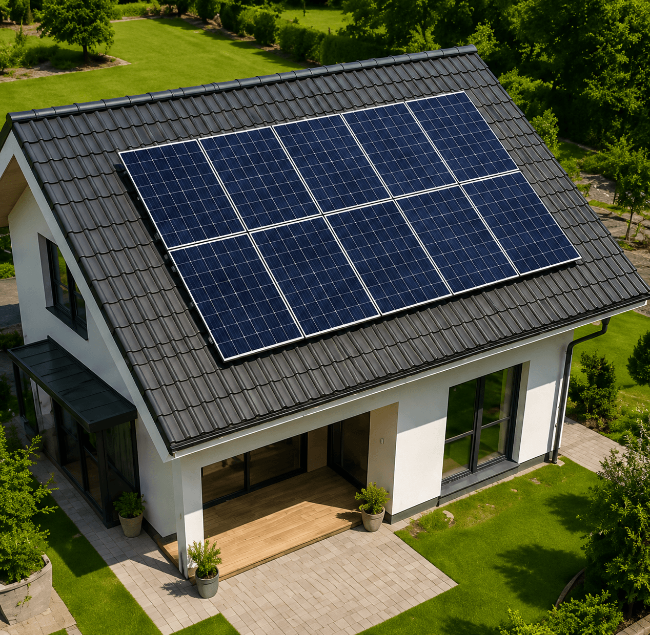 A home rooftop fitted with solar panels