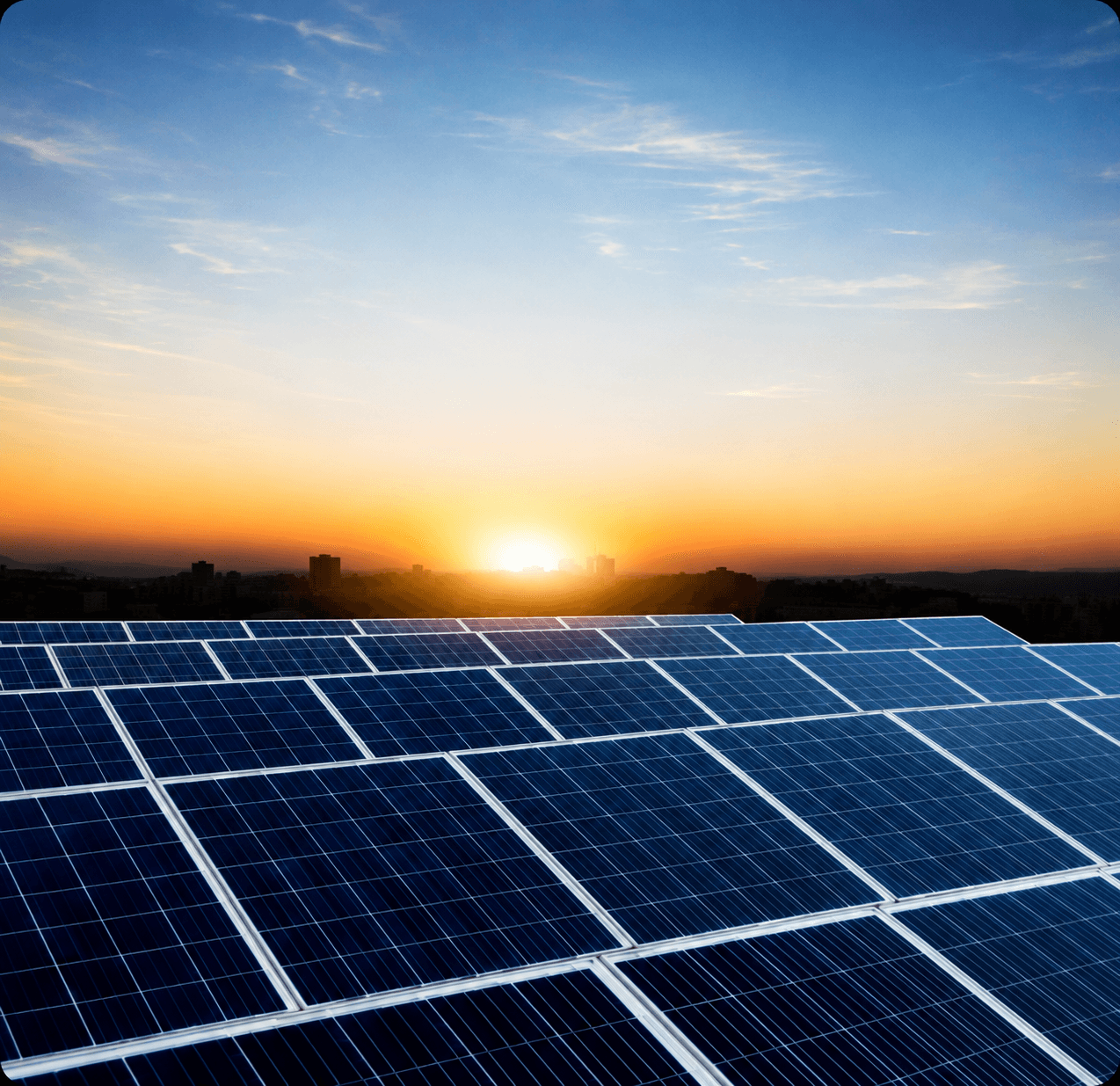 Rows of solar panels at sunrise on a commercial solar farm