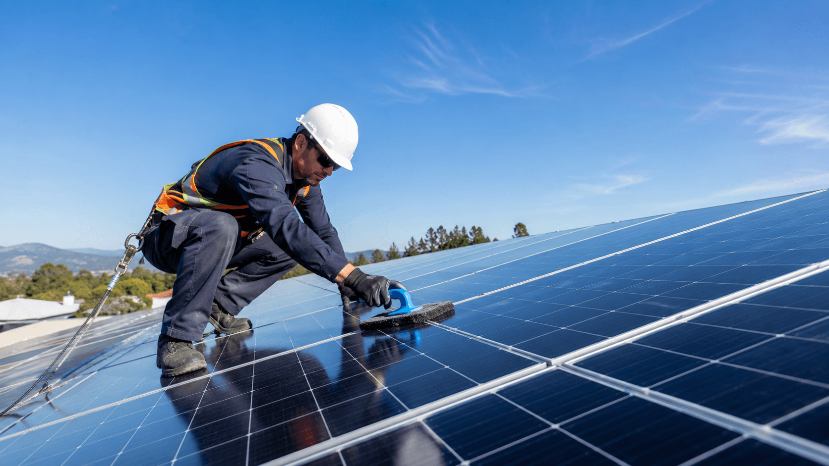 Technician performing maintenance on a solar panel system