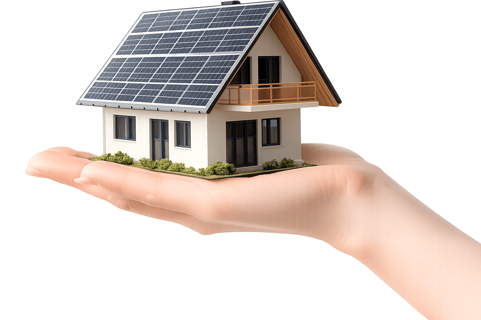 A hand holding a model home with solar panels across its roof