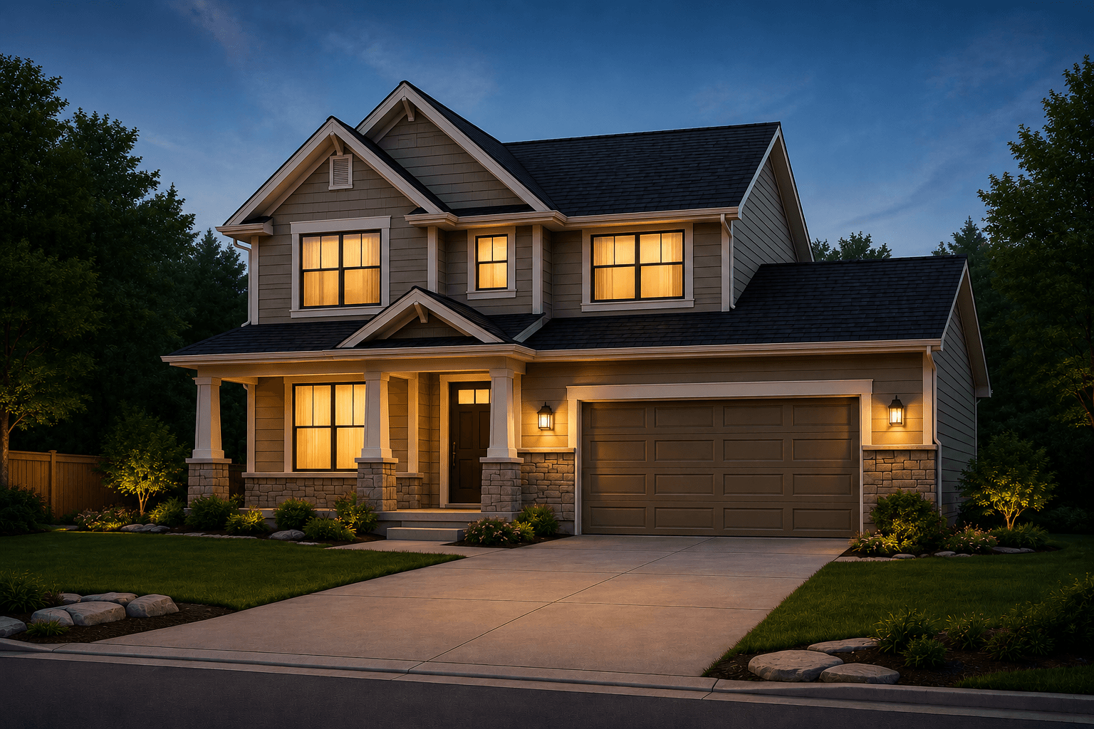 A family home lit up at dusk, running on its own solar system