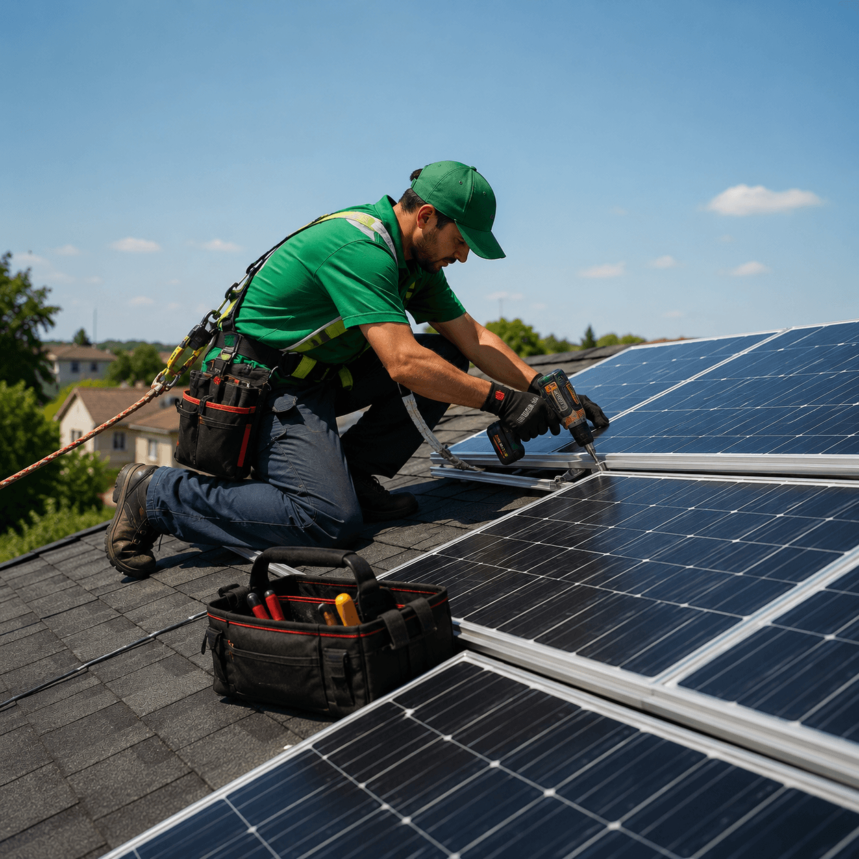 Engineers installing solar panels on a rooftop