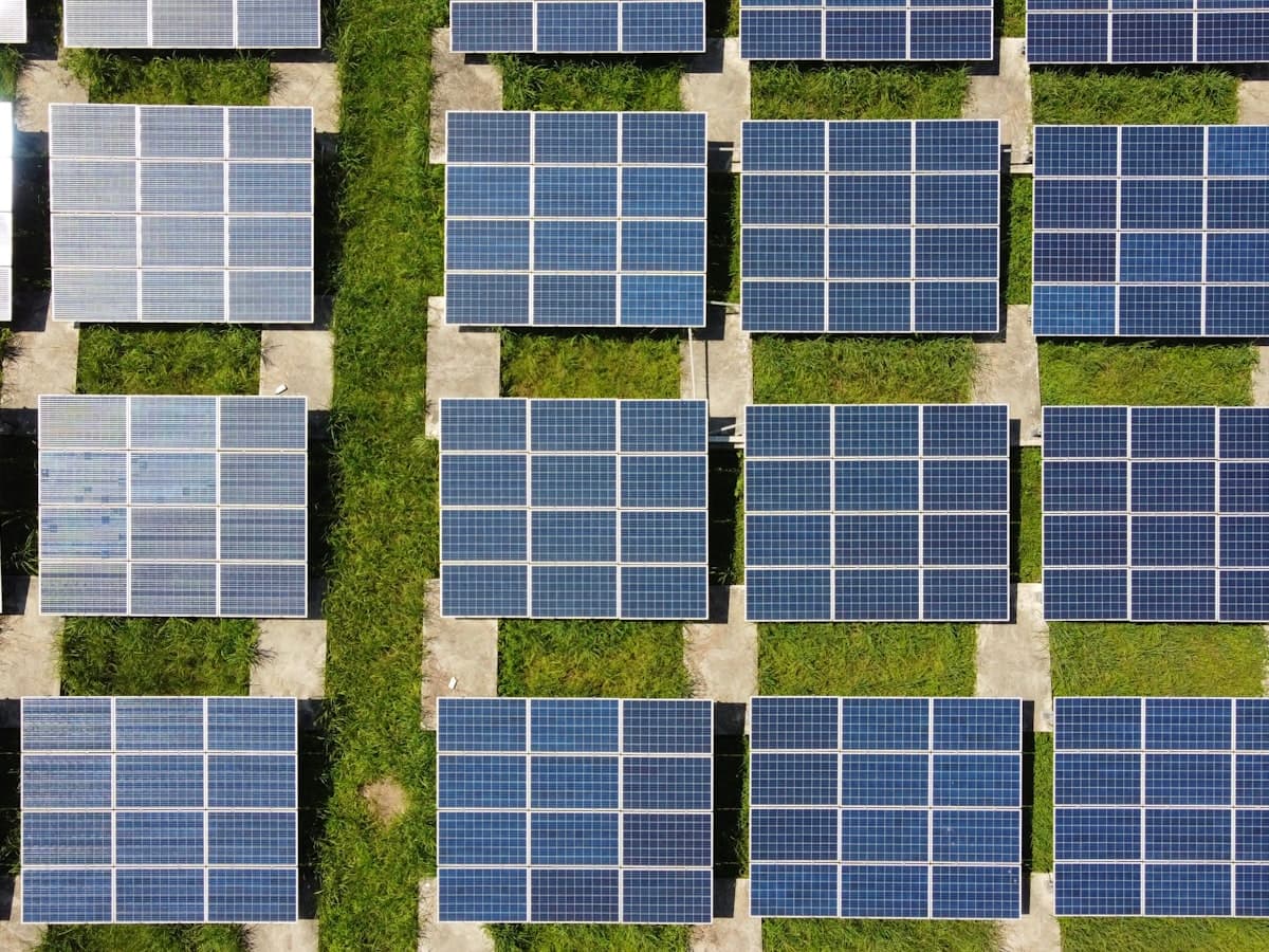 An aerial view of a large solar panel installation