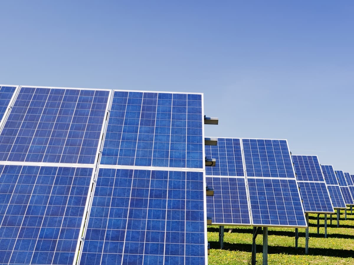 Rows of solar panels under a clear blue sky